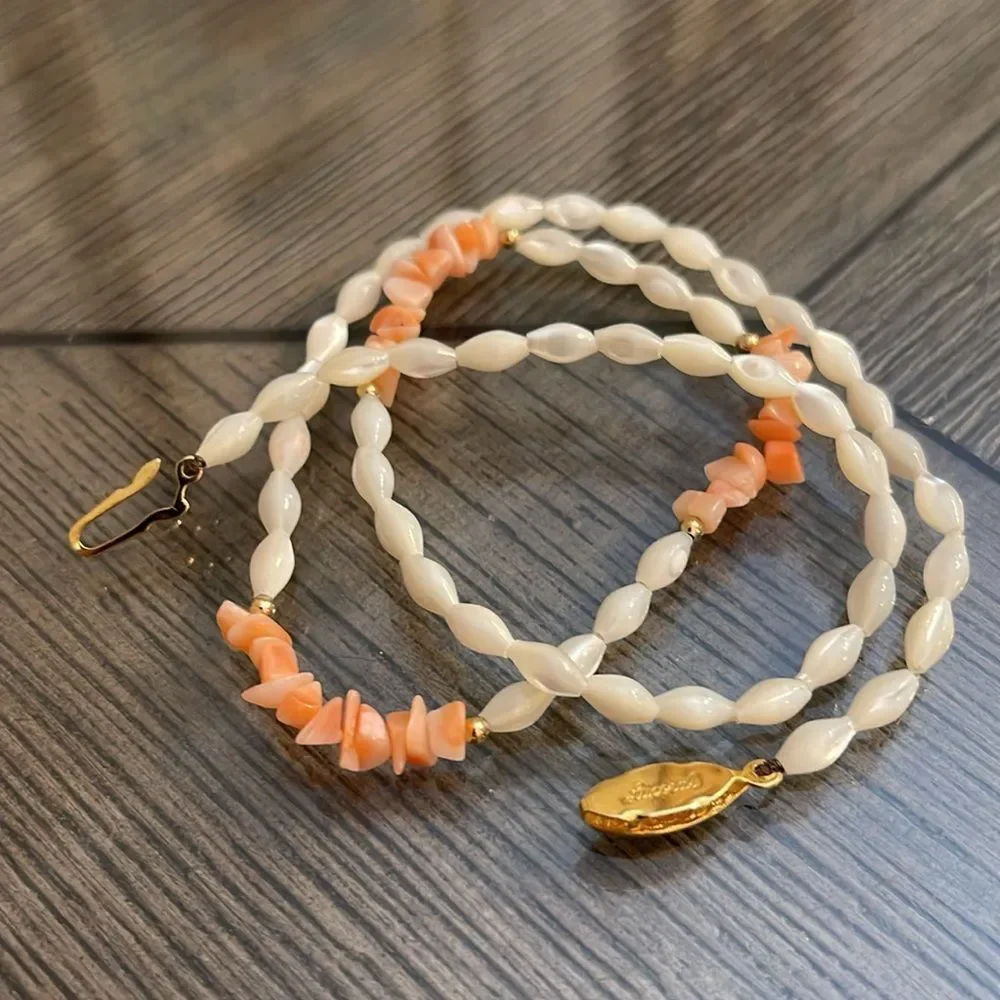 Vintage Lucoral Single Strand Coral & Mother of Pearl Necklace Rice Beads